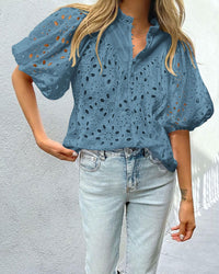 Casual Short Lantern Sleeve V Neck Buttons Hollow Out Lace Embroidered Blouses