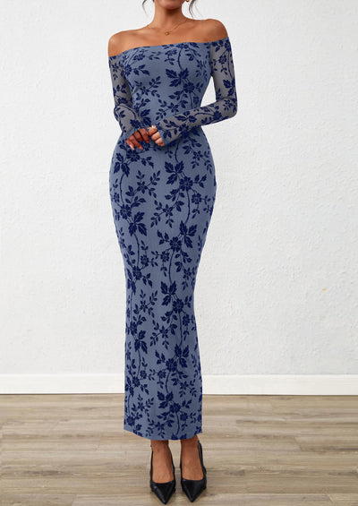PRETTYGARDEN Womens Off The Shoulder Floral Maxi Bodycon Dress Fall Long Sleeve Mesh Fitted Long Formal Wedding Guest Dresses PRETTYGARDEN