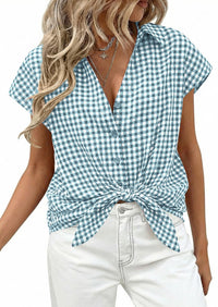 PRETTYGARDEN Womens Button Dwon Shirts V Neck Short Cap Sleeve Collared Plaid Tops Summer Spring Casual Blouses Clothes PRETTYGARDEN