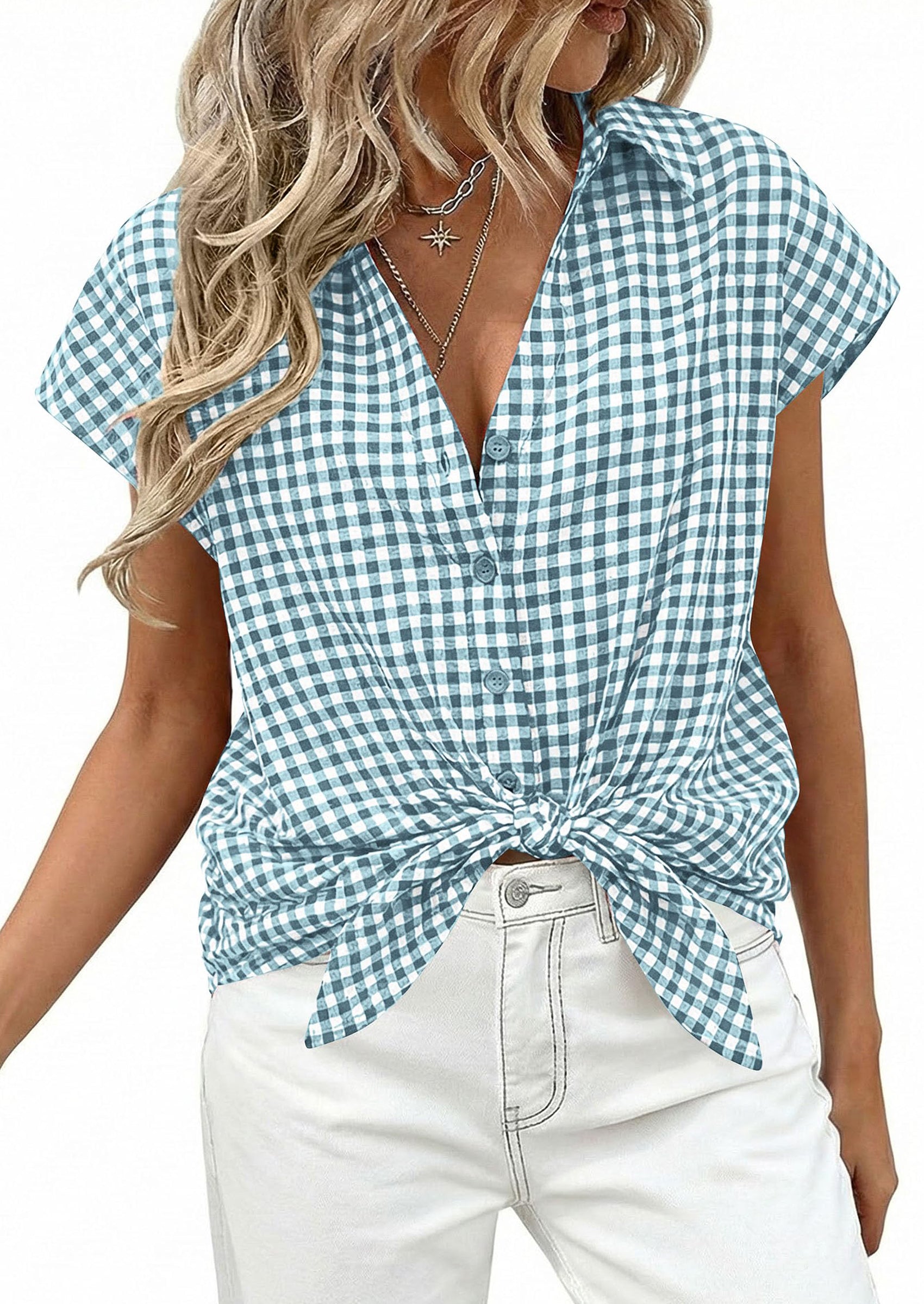 PRETTYGARDEN Womens Button Dwon Shirts V Neck Short Cap Sleeve Collared Plaid Tops Summer Spring Casual Blouses Clothes PRETTYGARDEN