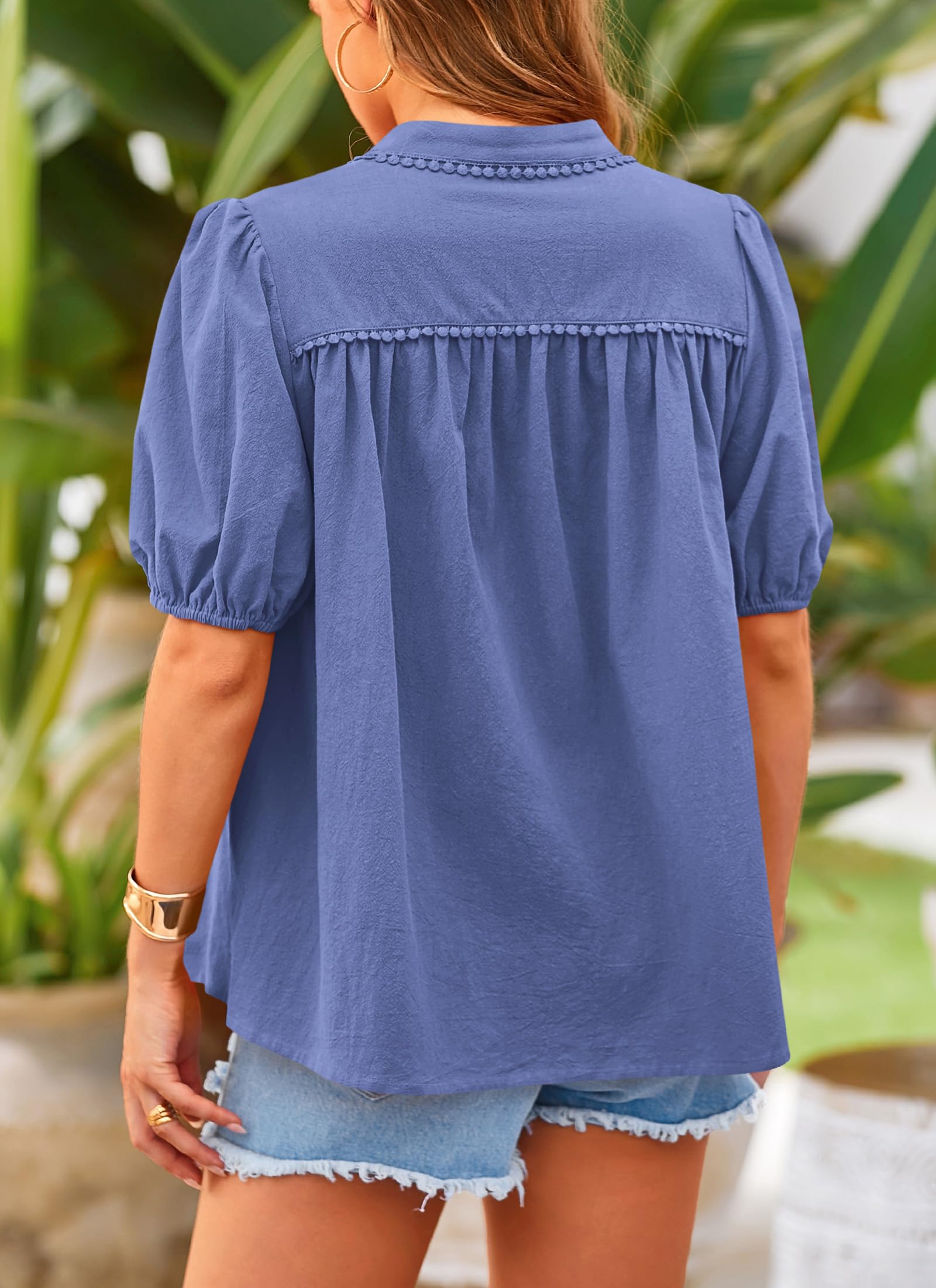 PRETTYGARDEN Women's Summer Tops Button Down Shirts Short Lantern Sleeve V Neck Cotton Cute Dressy Casual Blouses