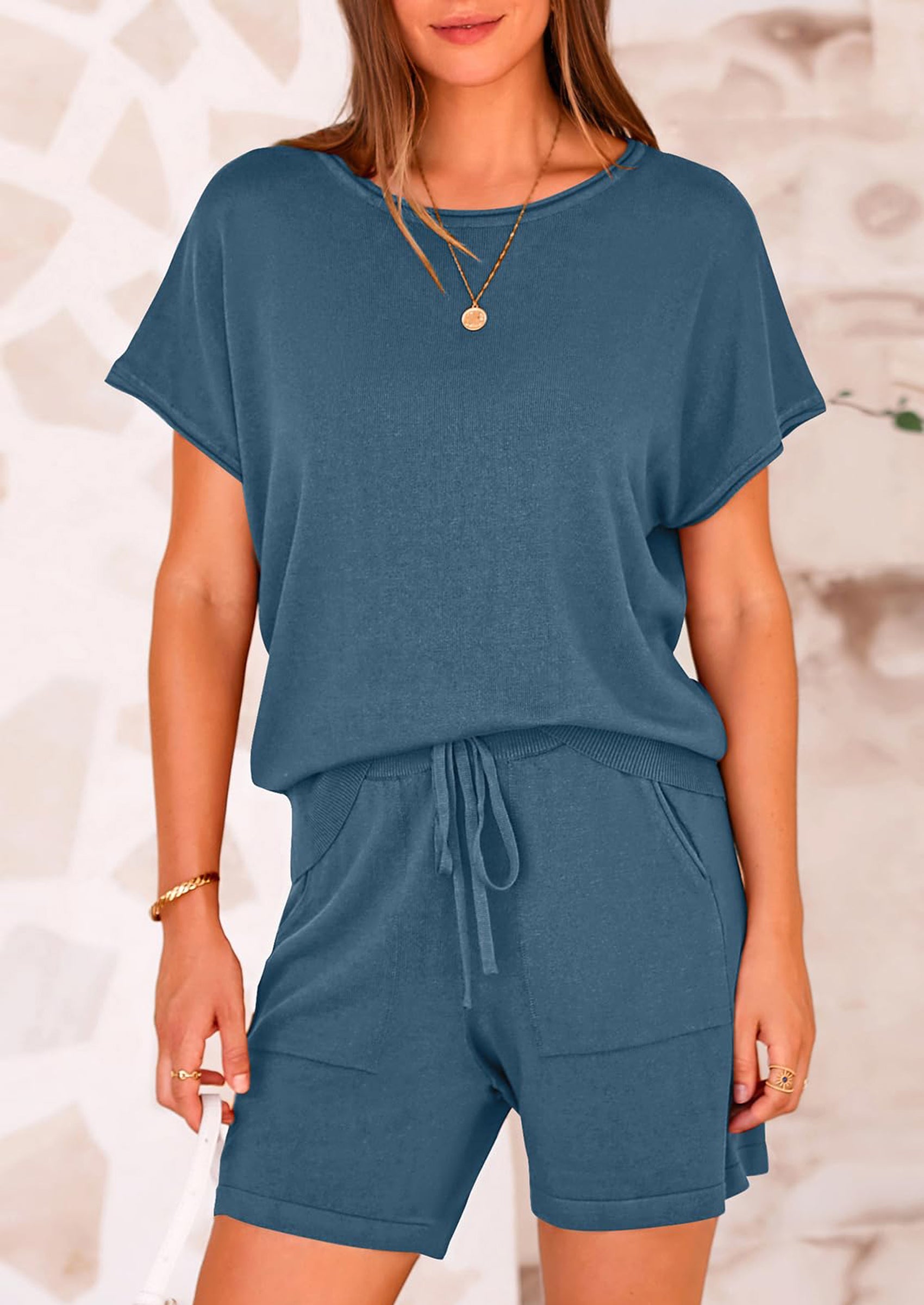 PRETTYGARDEN Two Piece Set for Women Summer Lounge Sets Shorts And Short Sleeve Tops Knitted Matching Travel Spring Outfits PRETTYGARDEN