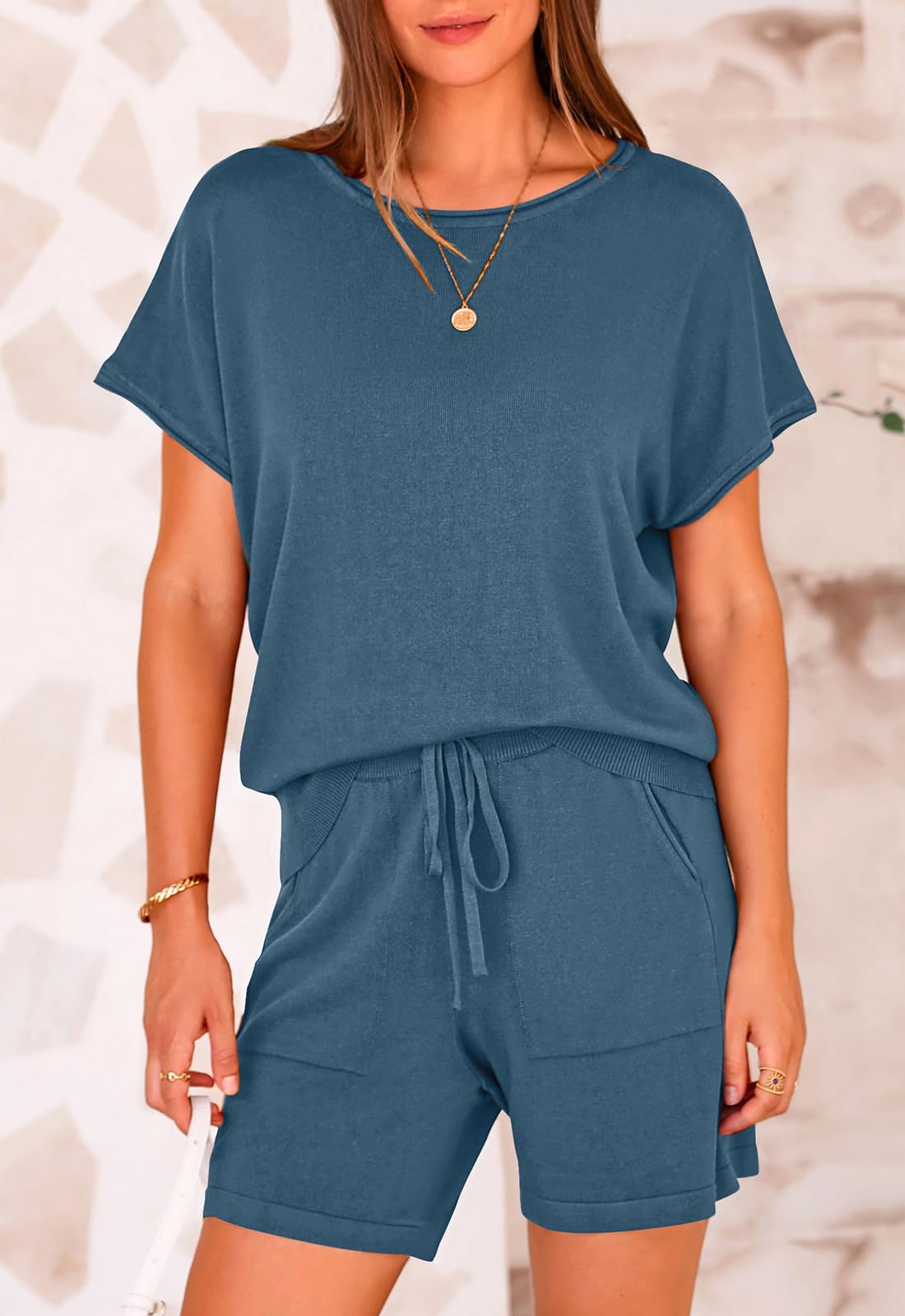 PRETTYGARDEN Two Piece Set for Women Summer Lounge Sets Shorts And Short Sleeve Tops Knitted Matching Travel Spring Outfits PRETTYGARDEN