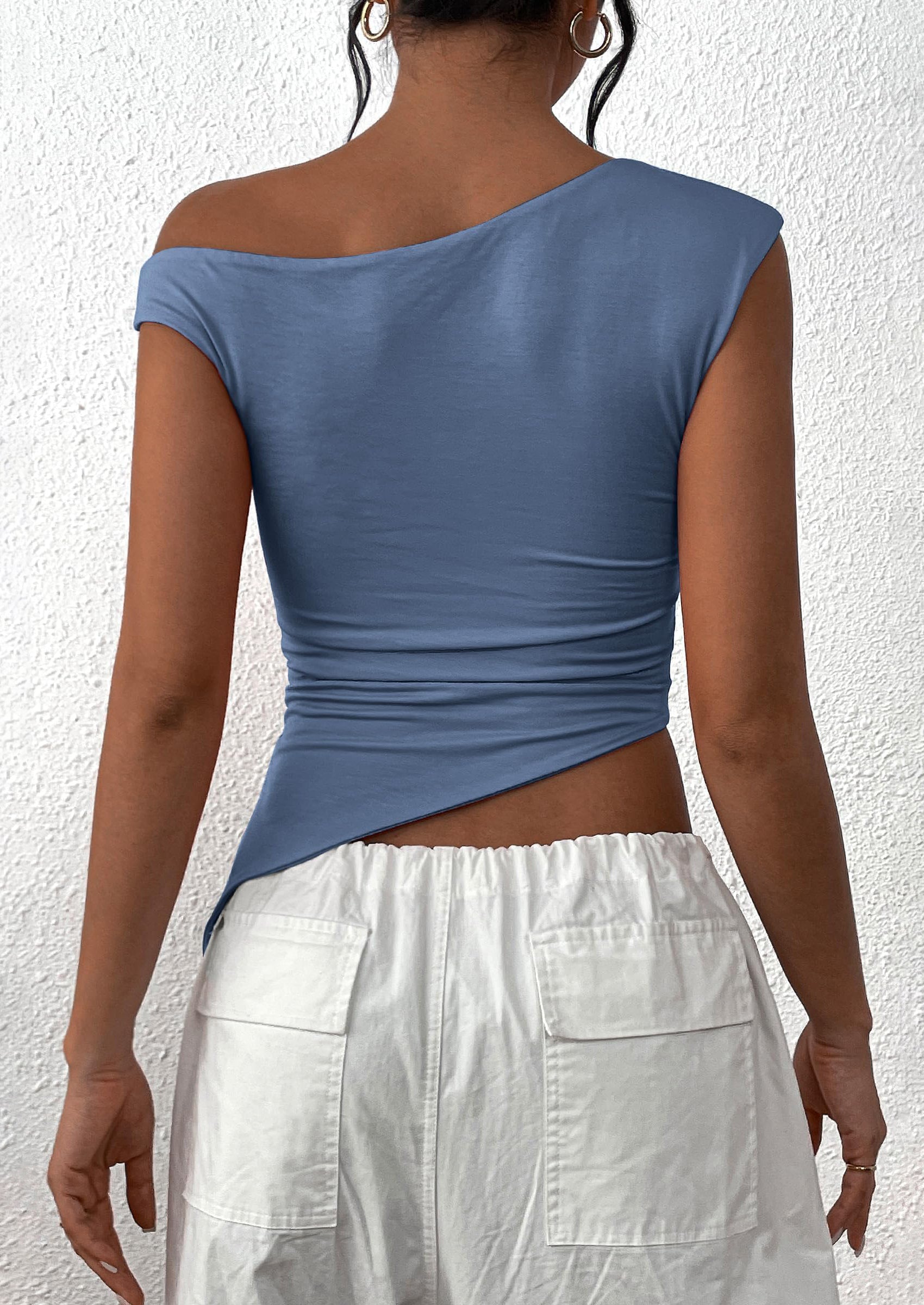 PRETTYGARDEN Womens Off The Shoulder Tops Summer Sleeveless One Shoulder Ruched Asymmetrical Y2K Going Out Crop Tank Top