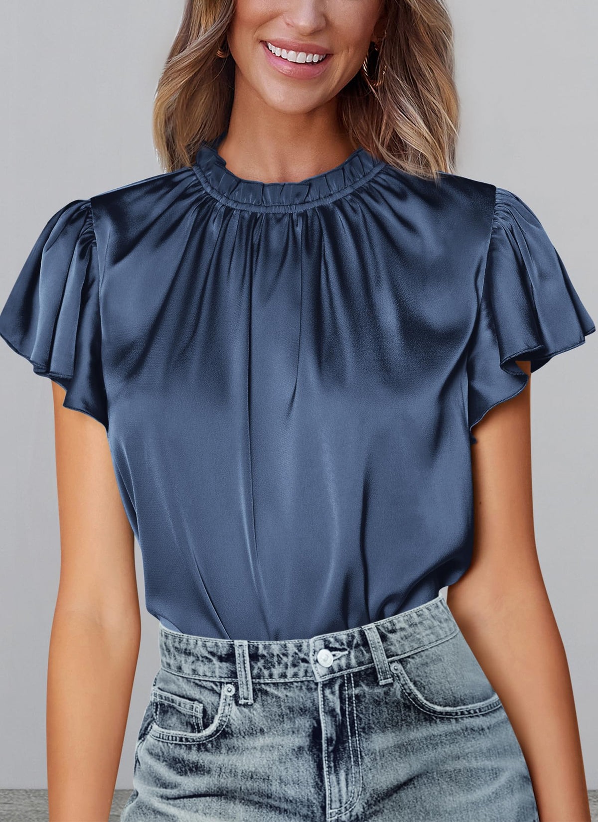 Summer Satin Blouse Shirt Dressy Casual Ruffle Short Sleeve Crewneck Work Party Tops