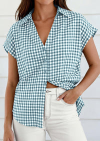 PRETTYGARDEN Womens Button Dwon Shirts V Neck Short Cap Sleeve Collared Plaid Tops Summer Spring Casual Blouses Clothes PRETTYGARDEN