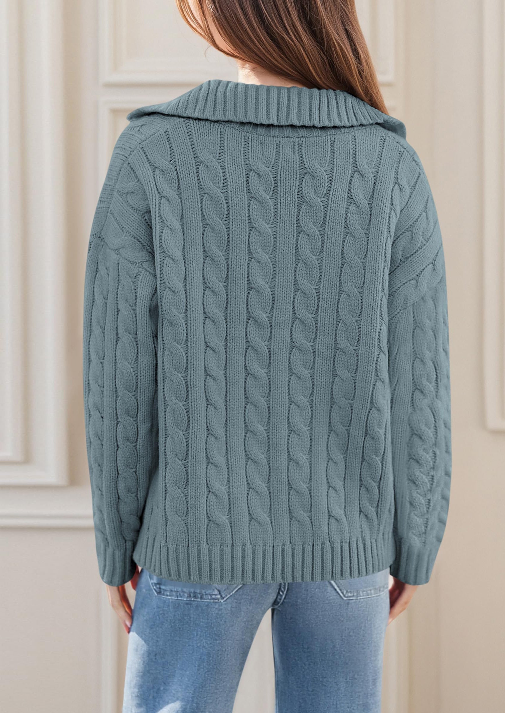 PRETTYGARDEN Fall Cable Knit Oversized Sweaters for Women Polo V Neck Long Sleeve Casual Chunky Sweater Pullover Tops PRETTYGARDEN