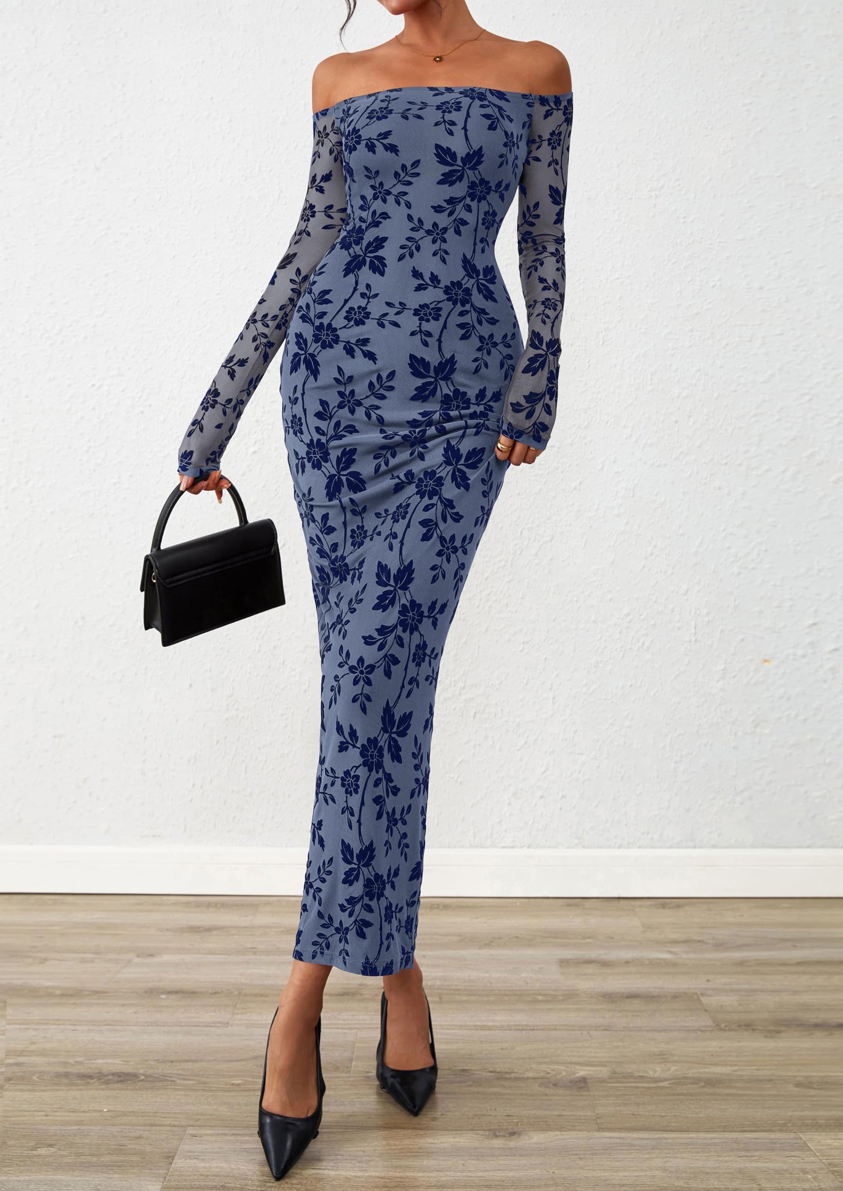 PRETTYGARDEN Womens Off The Shoulder Floral Maxi Bodycon Dress Fall Long Sleeve Mesh Fitted Long Formal Wedding Guest Dresses