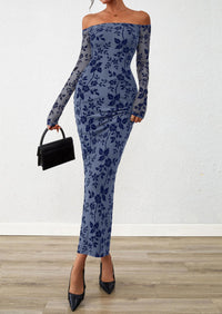 PRETTYGARDEN Womens Off The Shoulder Floral Maxi Bodycon Dress Fall Long Sleeve Mesh Fitted Long Formal Wedding Guest Dresses PRETTYGARDEN