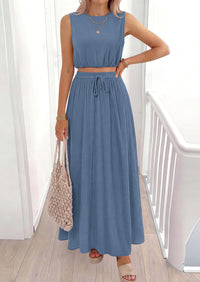 PRETTYGARDEN 2 Piece Sets for Women Summer Outfits Fashion Cotton Sleeveless Crop Top Long Maxi Skirt Set with Pockets
