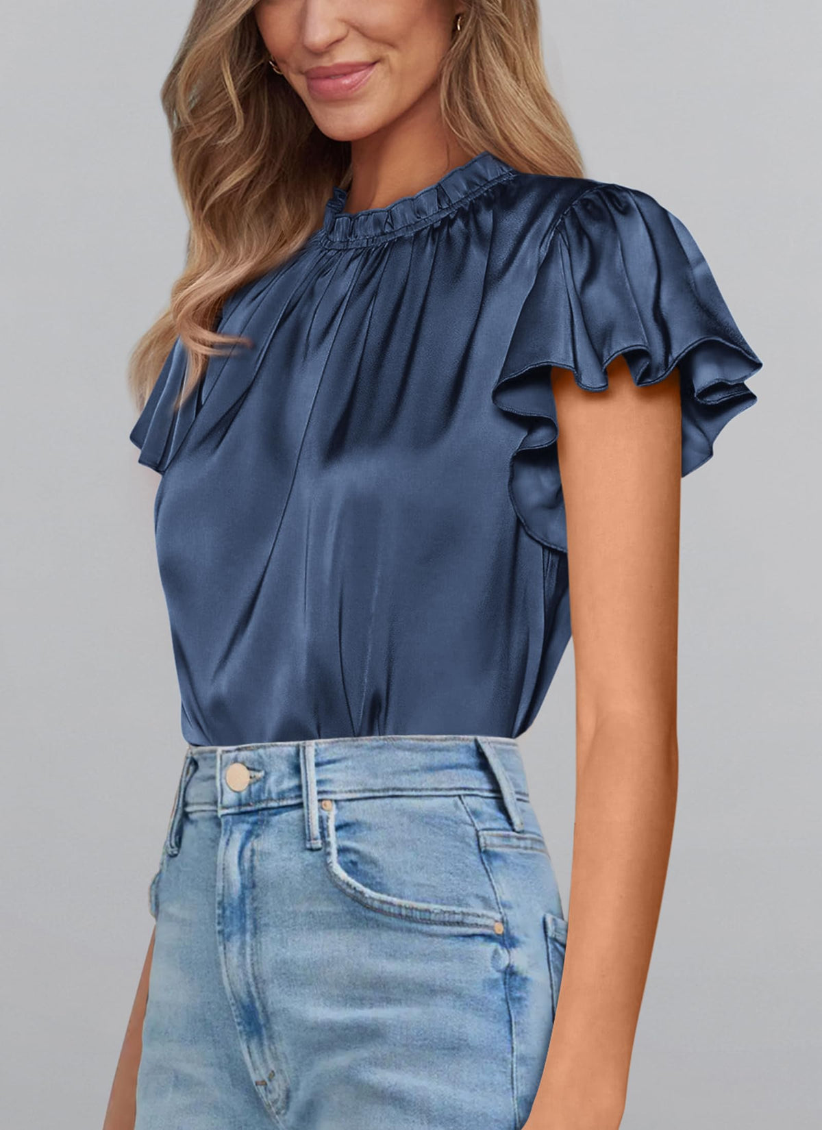 Summer Satin Blouse Shirt Dressy Casual Ruffle Short Sleeve Crewneck Work Party Tops