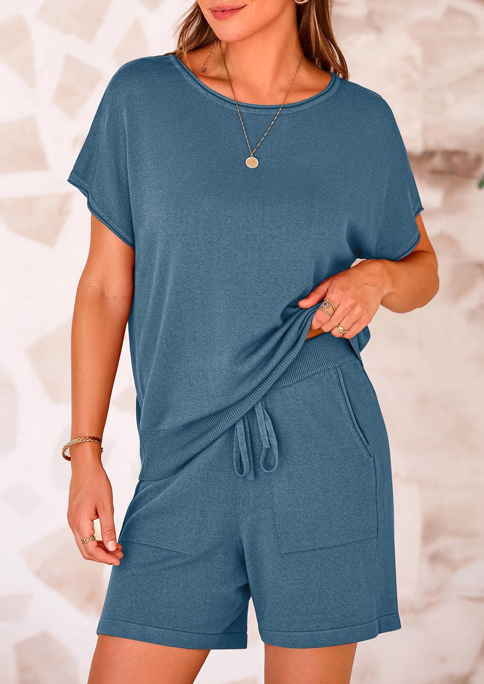 PRETTYGARDEN Two Piece Set for Women Summer Lounge Sets Shorts And Short Sleeve Tops Knitted Matching Travel Spring Outfits PRETTYGARDEN