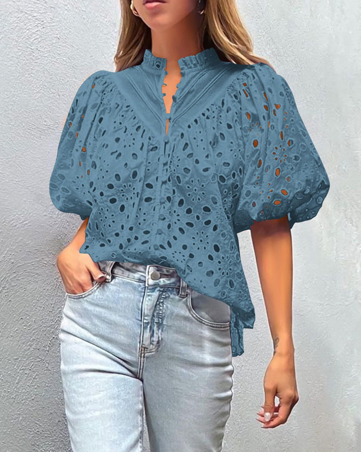 Casual Short Lantern Sleeve V Neck Buttons Hollow Out Lace Embroidered Blouses