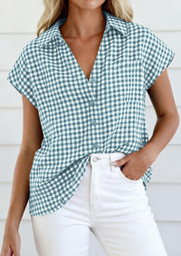 PRETTYGARDEN Womens Button Dwon Shirts V Neck Short Cap Sleeve Collared Plaid Tops Summer Spring Casual Blouses Clothes PRETTYGARDEN