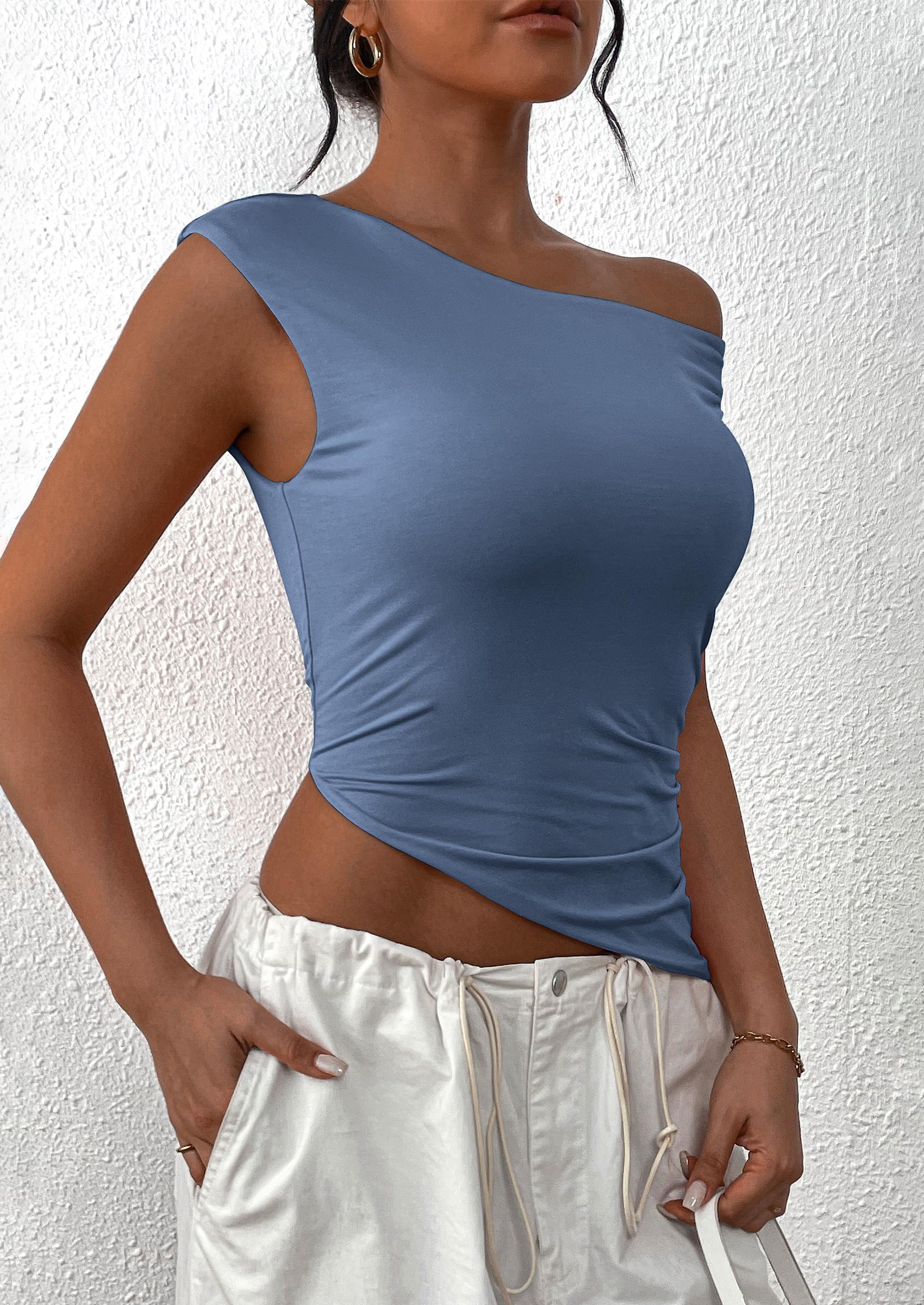 PRETTYGARDEN Womens Off The Shoulder Tops Summer Sleeveless One Shoulder Ruched Asymmetrical Y2K Going Out Crop Tank Top