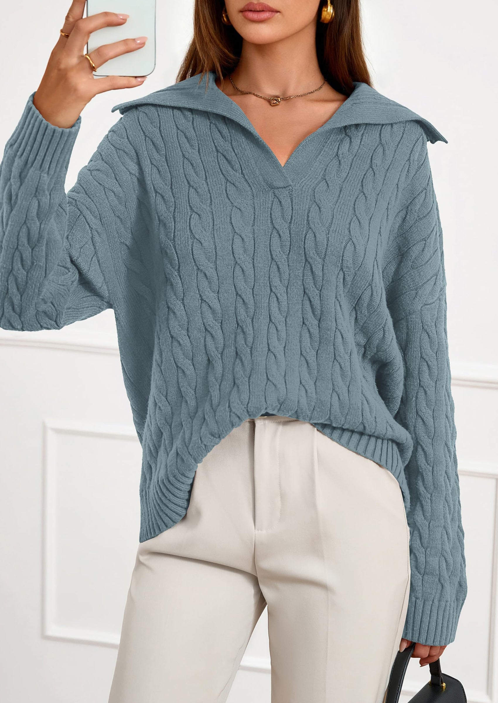 PRETTYGARDEN Fall Cable Knit Oversized Sweaters for Women Polo V Neck Long Sleeve Casual Chunky Sweater Pullover Tops PRETTYGARDEN