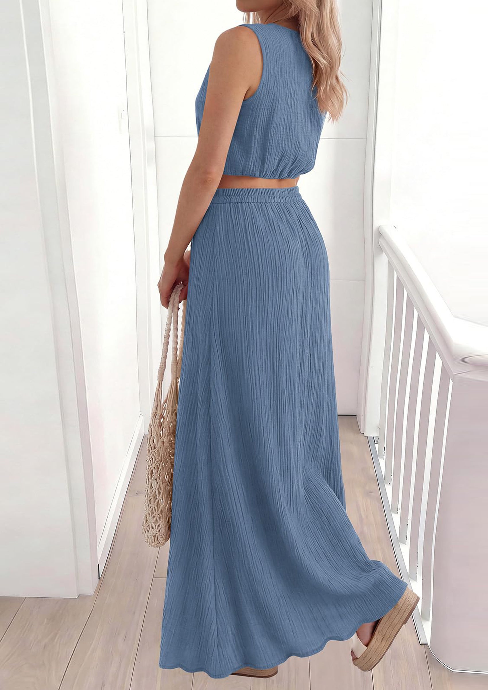 PRETTYGARDEN 2 Piece Sets for Women Summer Outfits Fashion Cotton Sleeveless Crop Top Long Maxi Skirt Set with Pockets
