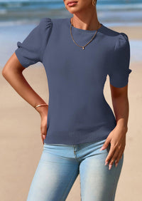 PRETTYGARDEN Womens Tops Spring Summer Puff Short Sleeve Sweater Crewneck Knit Work Blouses Dressy Casual Trendy Shirts PRETTYGARDEN