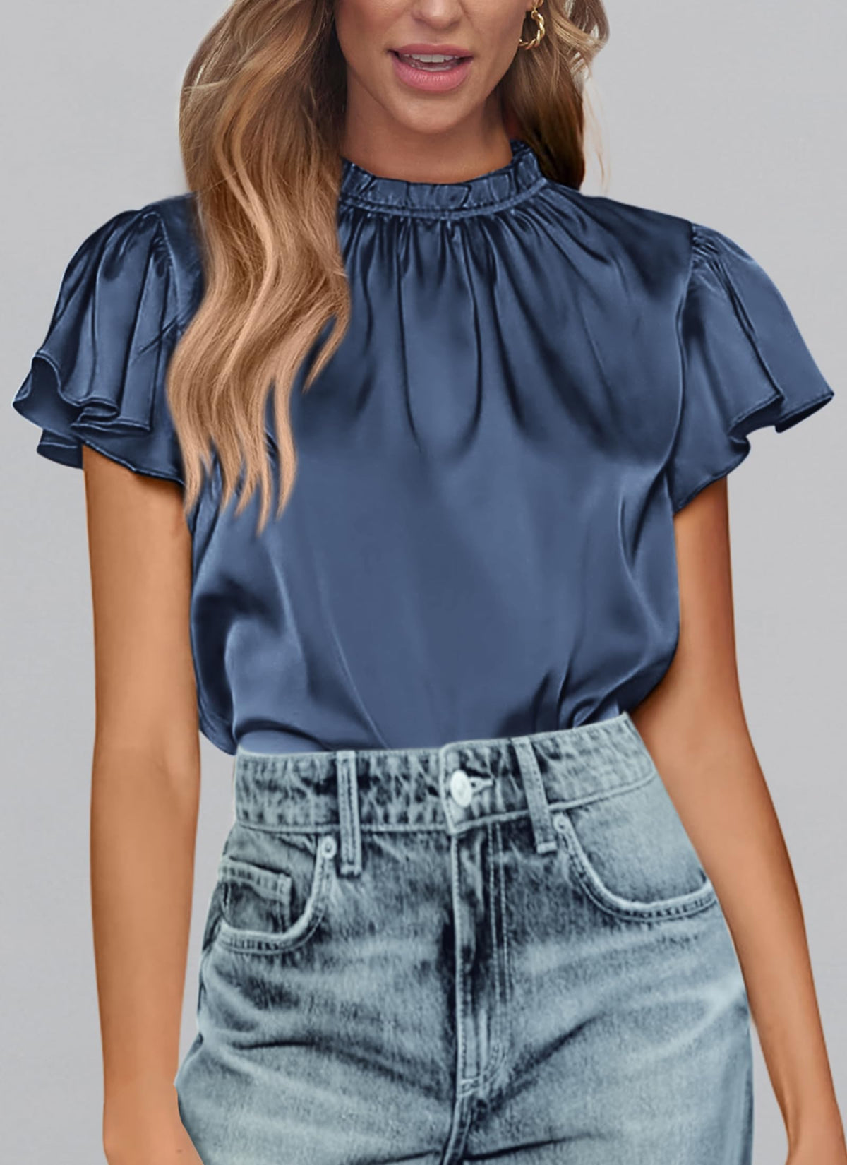 Summer Satin Blouse Shirt Dressy Casual Ruffle Short Sleeve Crewneck Work Party Tops