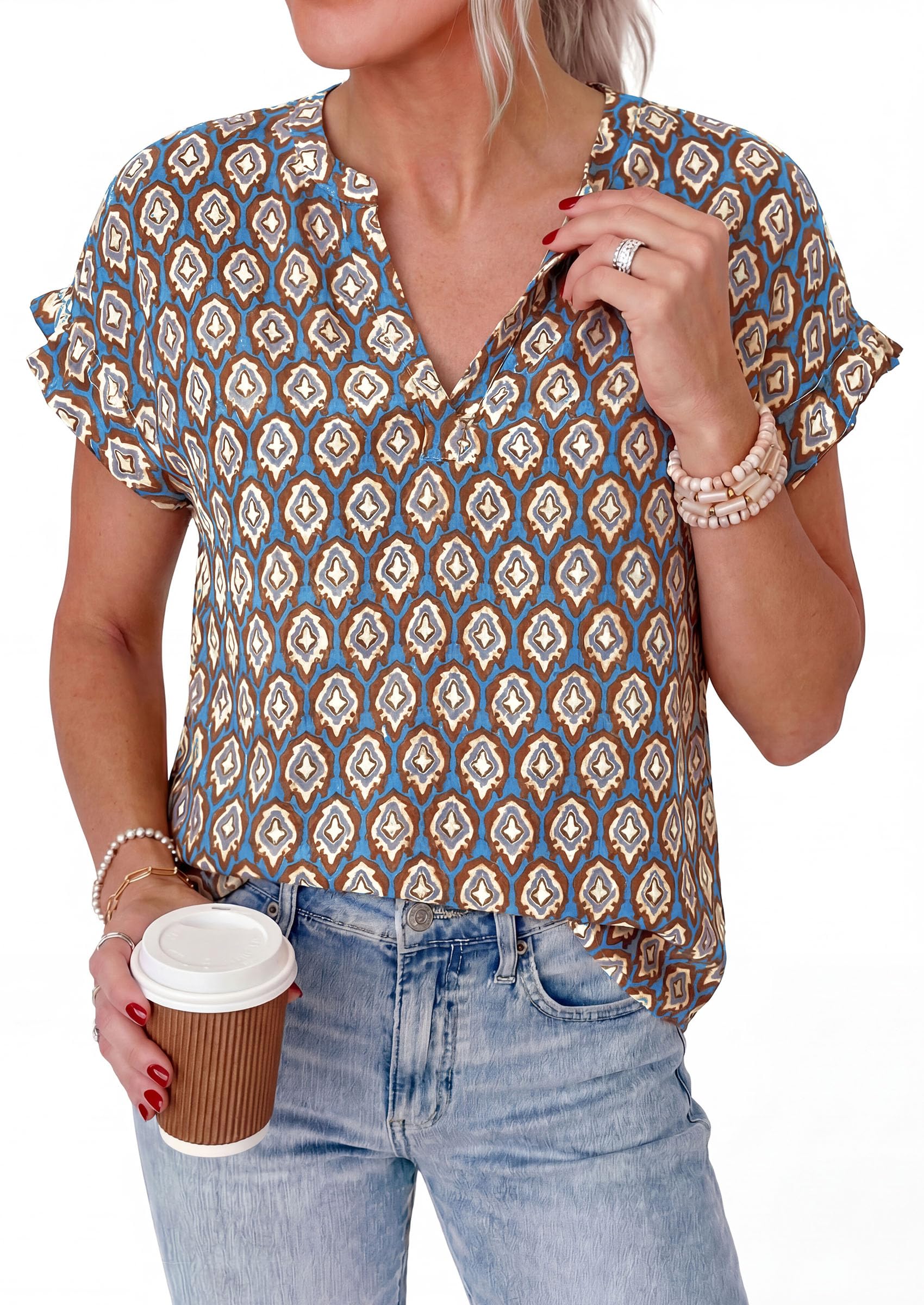 PRETTYGARDEN Womens Floral Print Short Sleeve Summer Tops Trendy V Neck Loose Boho Shirts Casual Work Blouses PRETTYGARDEN