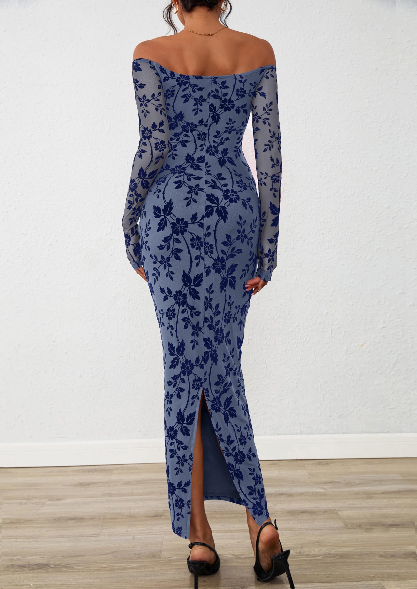 PRETTYGARDEN Womens Off The Shoulder Floral Maxi Bodycon Dress Fall Long Sleeve Mesh Fitted Long Formal Wedding Guest Dresses PRETTYGARDEN