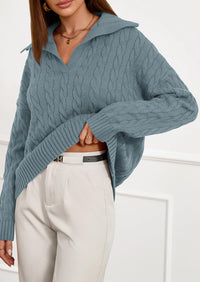 PRETTYGARDEN Fall Cable Knit Oversized Sweaters for Women Polo V Neck Long Sleeve Casual Chunky Sweater Pullover Tops PRETTYGARDEN