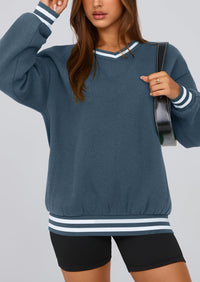 PRETTYGARDEN Women's Oversized Sweatshirts Casual Long Sleeve Stripes Knit V Neck Pullover Top Fall Teens Preppy Clothes