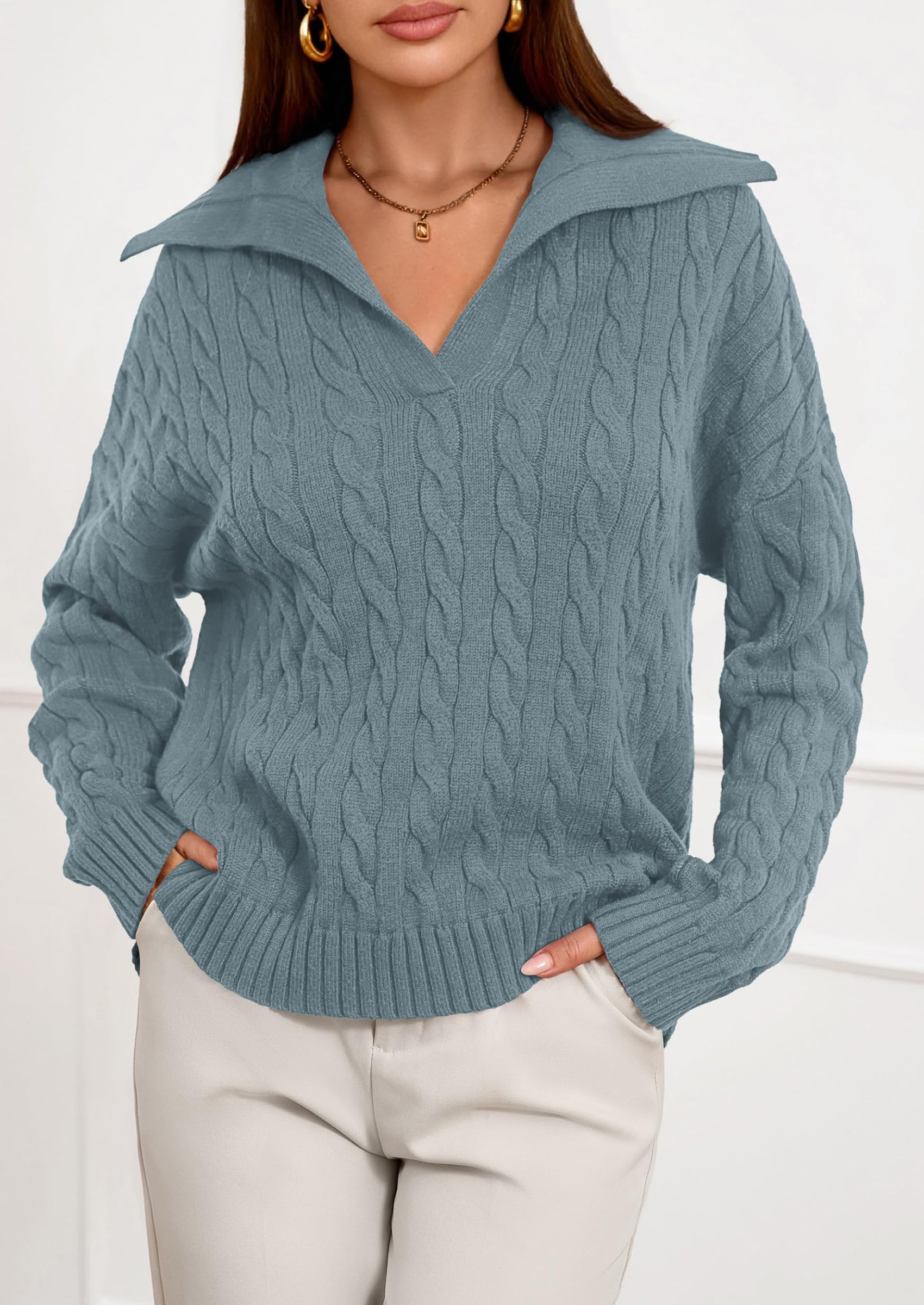 PRETTYGARDEN Fall Cable Knit Oversized Sweaters for Women Polo V Neck Long Sleeve Casual Chunky Sweater Pullover Tops PRETTYGARDEN