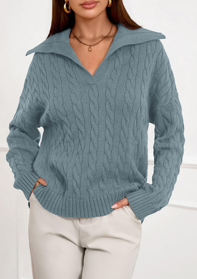 PRETTYGARDEN Fall Cable Knit Oversized Sweaters for Women Polo V Neck Long Sleeve Casual Chunky Sweater Pullover Tops PRETTYGARDEN