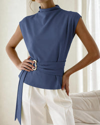 PRETTYGARDEN Women Blouses Spring Dressy Cap Sleeve Mock Neck Work Shirts Buckle Tunic Summer Business Casual Tops PRETTYGARDEN