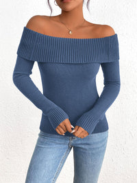 Fall Off Shoulder Sweaters Y2K Long Sleeve Ribbed Knit Fitted Pullover Tops Blouse