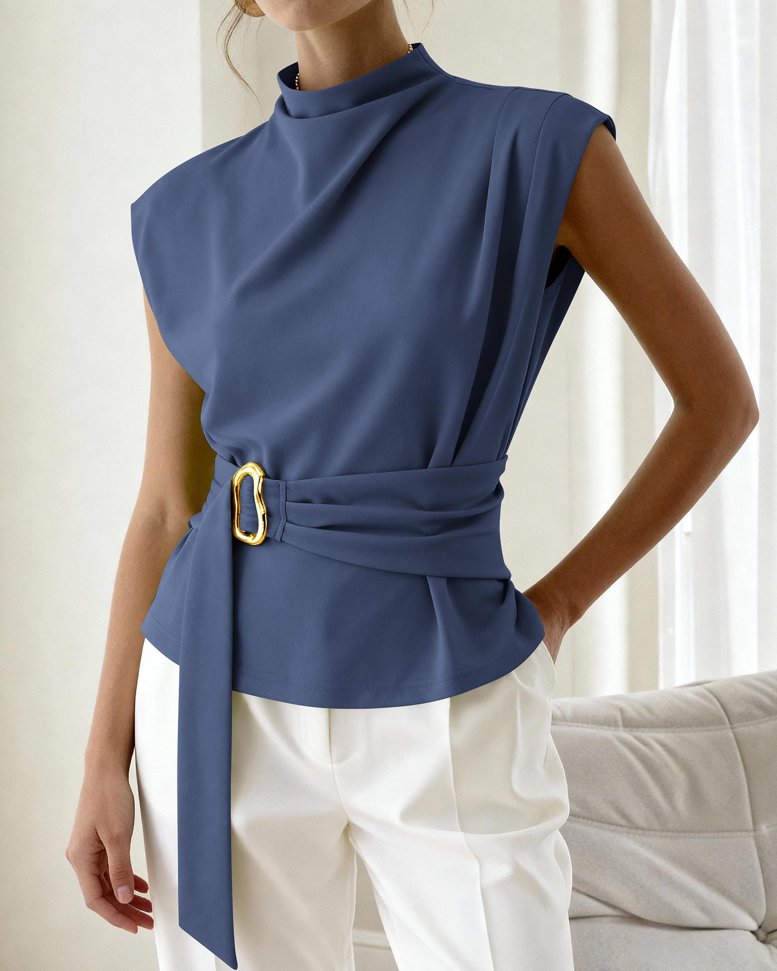 PRETTYGARDEN Women Blouses Spring Dressy Cap Sleeve Mock Neck Work Shirts Buckle Tunic Summer Business Casual Tops PRETTYGARDEN