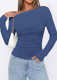 PRETTYGARDEN Off The Shoulder Tops for Women Going Out Long Sleeve Shirts Fall Casual Fitted Ribbed Ruched Y2K Clothes