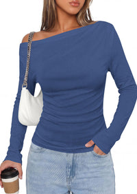 PRETTYGARDEN Off The Shoulder Tops for Women Going Out Long Sleeve Shirts Fall Casual Fitted Ribbed Ruched Y2K Clothes