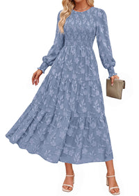 PRETTYGARDEN Fall Floral Long Sleeve Wedding Guest Dress for Women Pockets | Casual Textured Jacquard Smocked High Waist A-line Boho Flowy Midi Dress, Semi Formal Cocktail Dresses for Women 2026