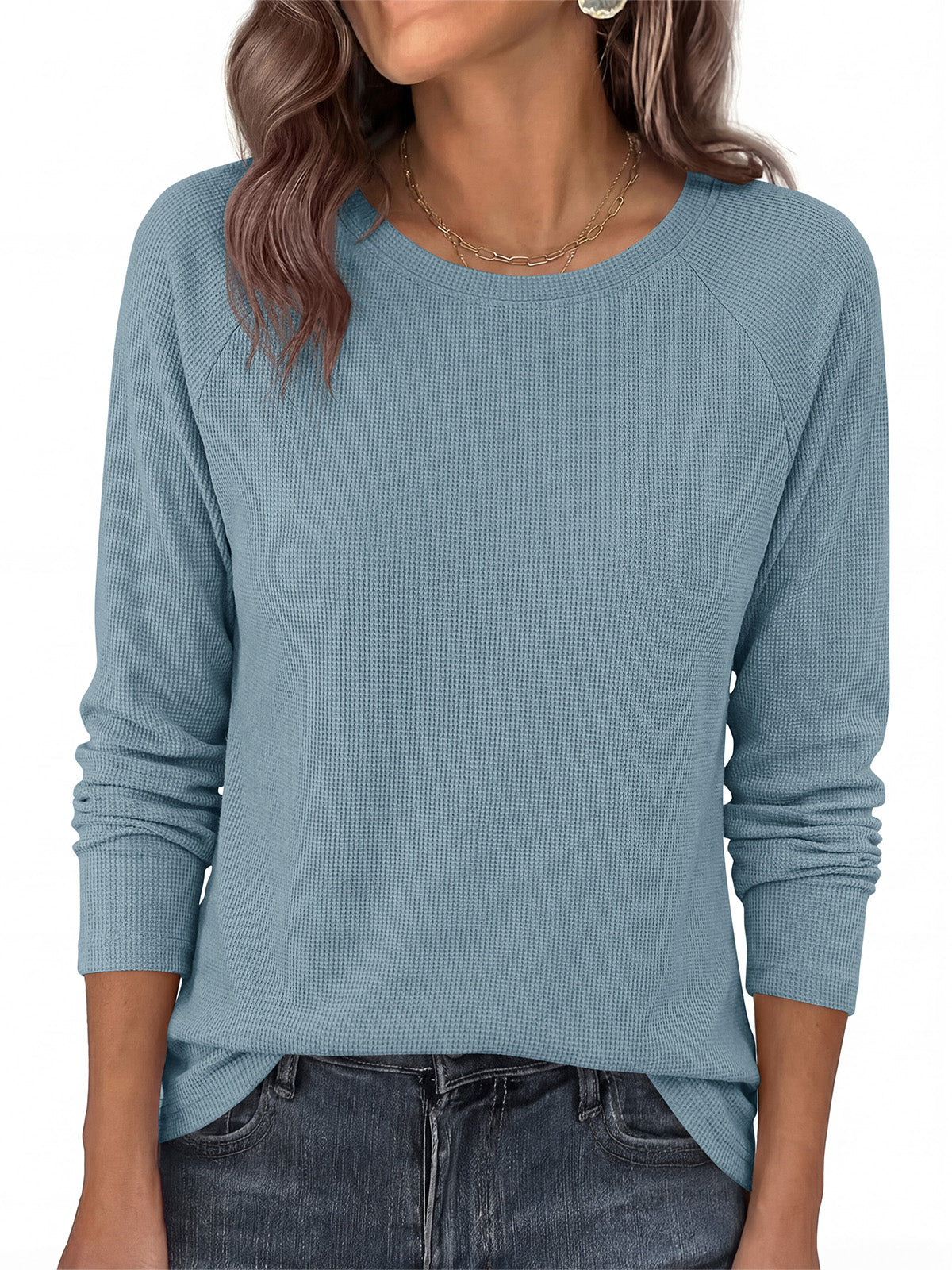 PRETTYGARDEN Womens Long Sleeve Shirts Waffle Knit Lightweight Fall Tops | Crewneck Loose Fit Curvy Hem Pullover Top, Soft Comfy Cute Tee Shirt, Dressy Casual Office Work Outfits, Fashion Clothing