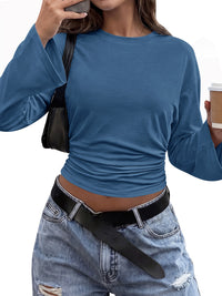 Classic Crewneck Ruched Waist Tee Shirts, Casual Fitted Cute Top, Soft Basic Layering, Y2k Fall Outfits, Fashion Clothing