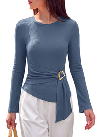 PRETTYGARDEN Long Sleeve Shirts for Women Asymmetricall Tops | Dressy Casual Blouses, Slim Fit Waist Tie Ruched Top, Soft ‌Stretchy, Going Out Work Office Outfit, 2026 Fall Fashion Clothes