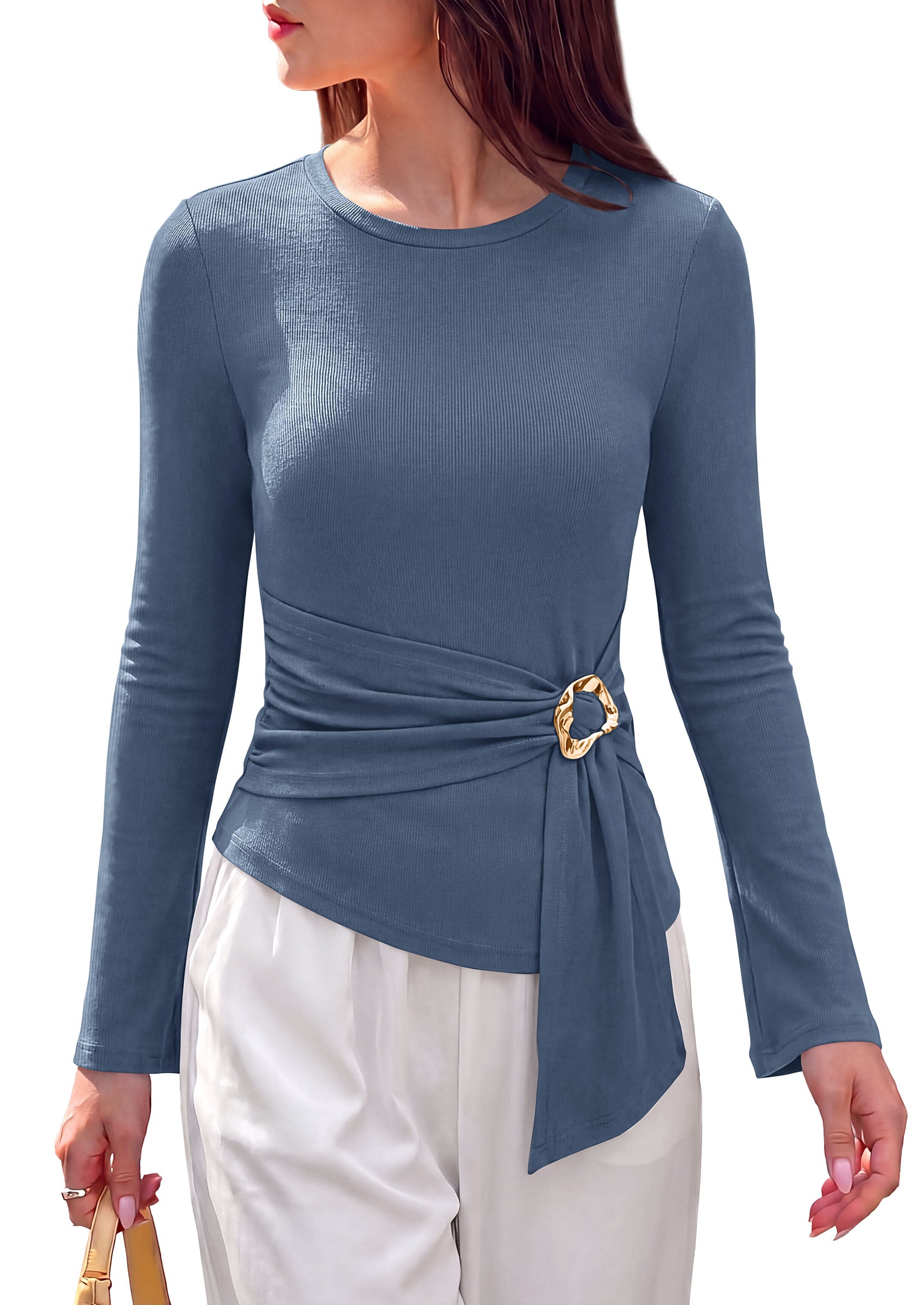 PRETTYGARDEN Long Sleeve Shirts for Women Asymmetricall Tops | Dressy Casual Blouses, Slim Fit Waist Tie Ruched Top, Soft ‌Stretchy, Going Out Work Office Outfit, 2026 Fall Fashion Clothes