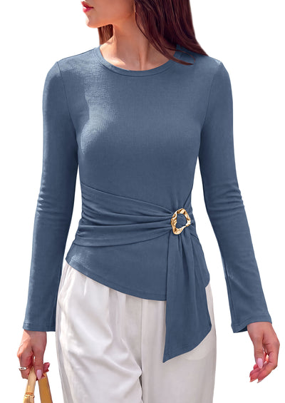 PRETTYGARDEN Long Sleeve Shirts for Women Asymmetricall Tops | Dressy Casual Blouses, Slim Fit Waist Tie Ruched Top, Soft ‌Stretchy, Going Out Work Office Outfit, 2026 Fall Fashion Clothes