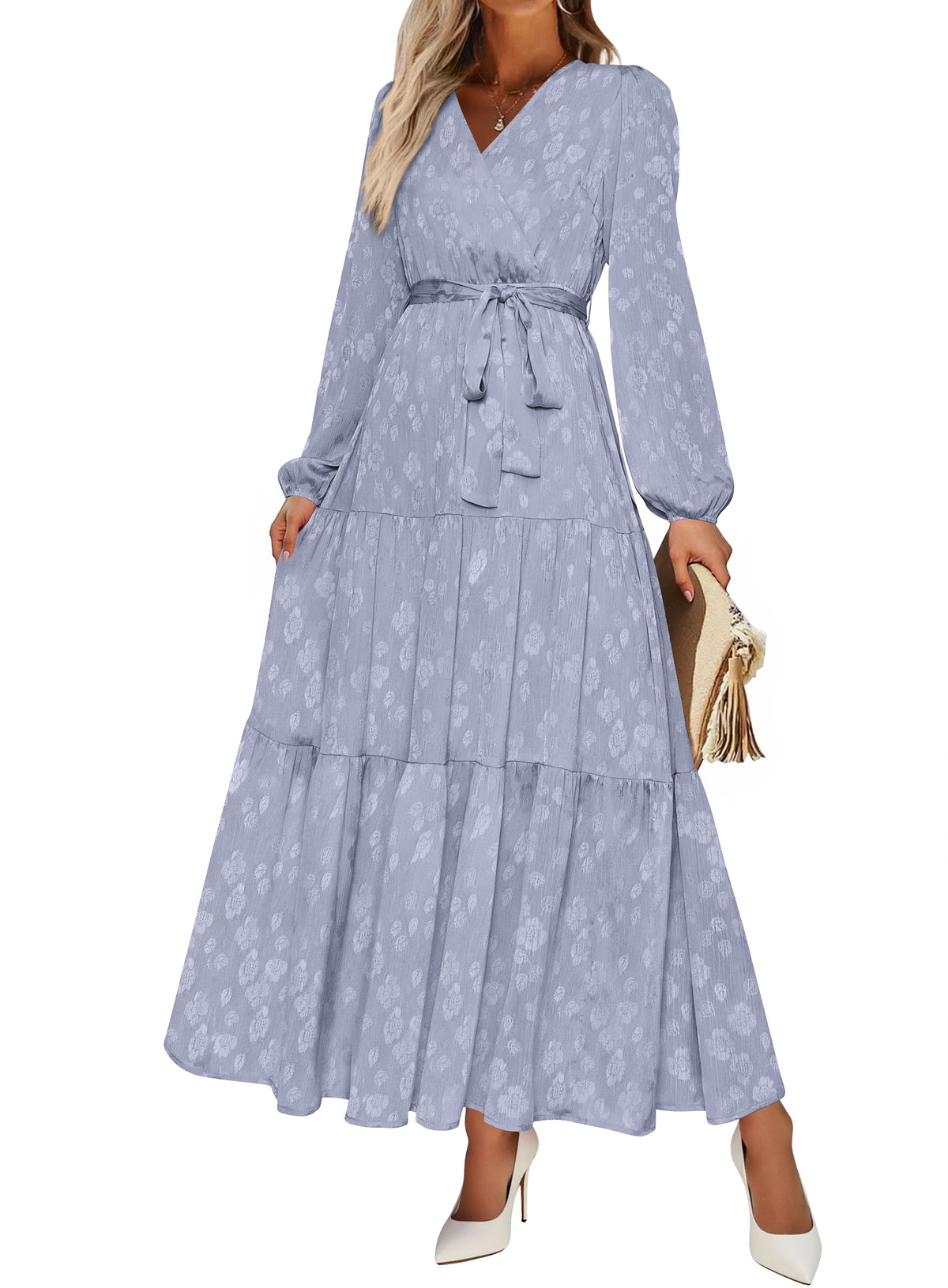 PRETTYGARDEN Womens Long Sleeve Boho Floral Wrap Maxi Dress  Fall Wedding Guest Dresses 2026, Chiffon Flowy Long Dresses, Casual Tie Waist V Neck Dress, Modest A Line Ruffle Tiered Dress