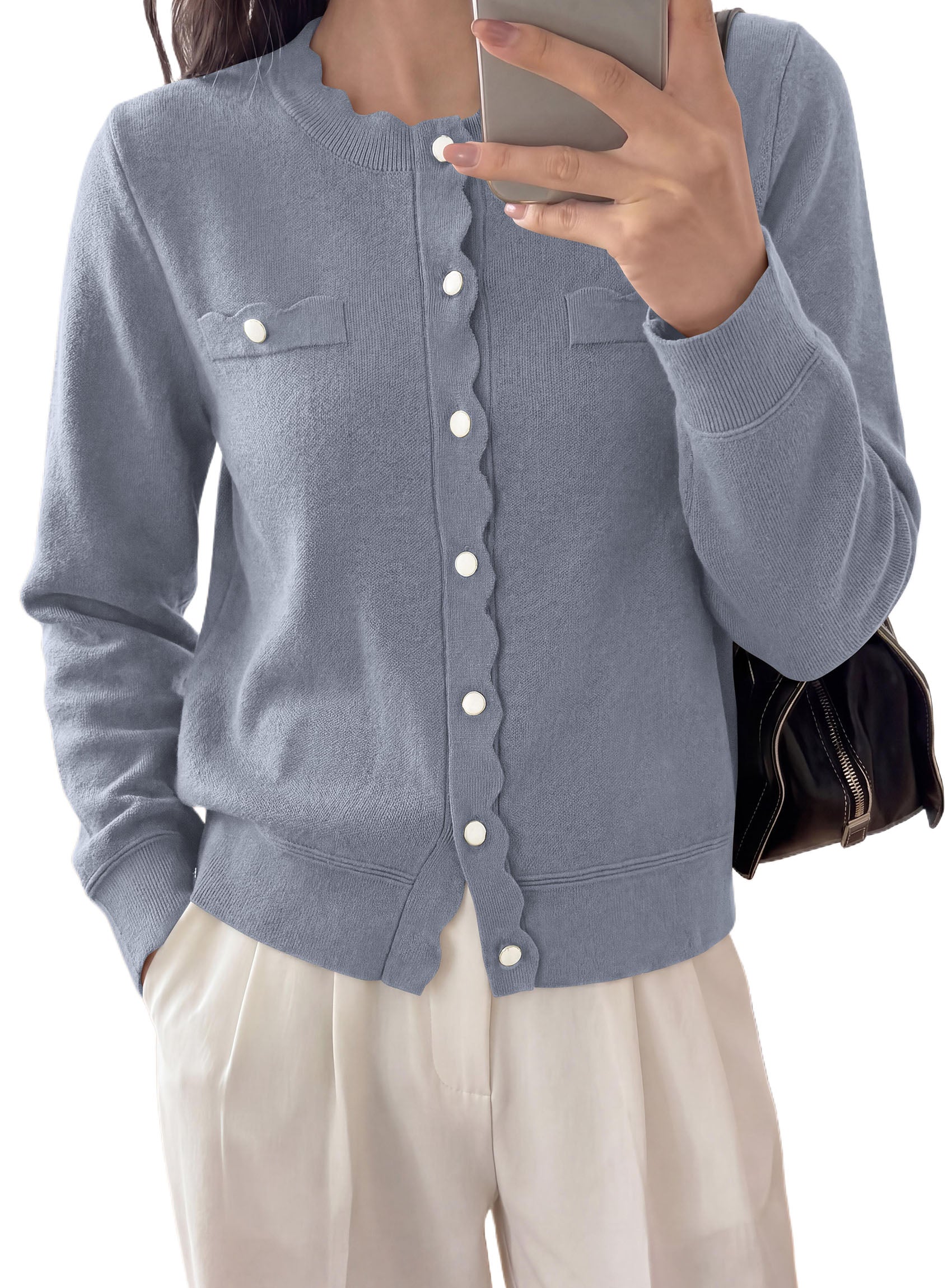 PRETTYGARDEN Cardigan Sweaters for Women Scalloped Button Up Fall Outfits  Soft Knit Long Sleeve Knit Tops,Crew Neck,Business Casual Outfits,Office Work Lightweight Sweater,Layers Clothes