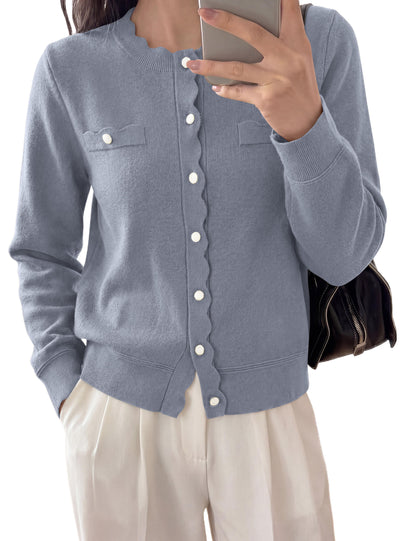 PRETTYGARDEN Cardigan Sweaters for Women Scalloped Button Up Fall Outfits  Soft Knit Long Sleeve Knit Tops,Crew Neck,Business Casual Outfits,Office Work Lightweight Sweater,Layers Clothes