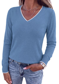 PRETTYGARDEN Women's V Neck Sweater Long Sleeve Knit Tops | Contrast Trim, Cozy Lightweight Pullover, Loose Basic Soft, Business Casual, Holiday Vacation Outfits, Fall Winter Clothes