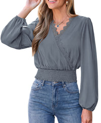 PRETTYGARDEN Women's Business Casual V Neck Wrap Blouse | Lace Trim Soft Crop Tops, Smocked Waist Long Sleeve Shirts, Dressy Casual Office Work Going Out Outfits, Fall Clothes