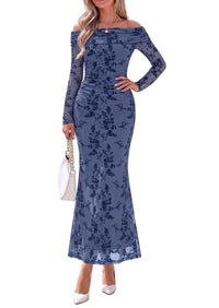 PRETTYGARDEN Womens Off Shoulder Floral Maxi Wedding Guest Dress  Mesh Slim Fit,Elegant Bodycon,Formal Party Cocktail Dress,Bridal Shower Baby Shower,Date Night Outfits,Vacation Long Dresses