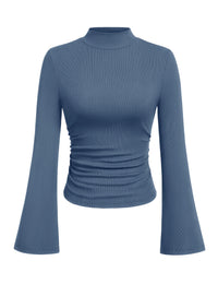 PRETTYGARDEN Womens Long Sleeve Shirts 2026 Fall Bell Sleeves Mock Turtleneck Ribbed Going Out Tops Casual Ruched Y2K Clothes