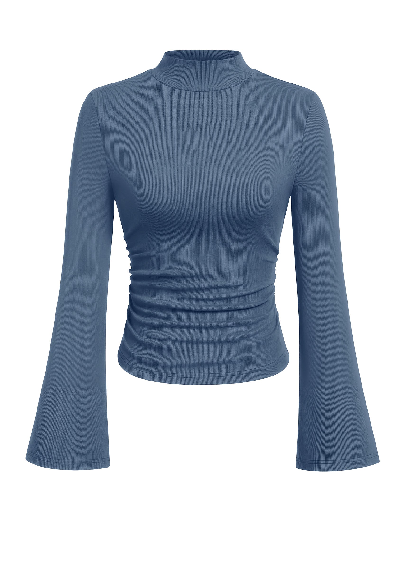 PRETTYGARDEN Womens Long Sleeve Shirts 2026 Fall Bell Sleeves Mock Turtleneck Ribbed Going Out Tops Casual Ruched Y2K Clothes