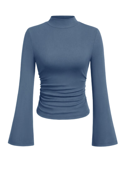 PRETTYGARDEN Womens Long Sleeve Shirts 2026 Fall Bell Sleeves Mock Turtleneck Ribbed Going Out Tops Casual Ruched Y2K Clothes