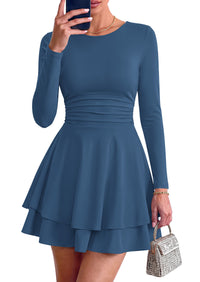 PRETTYGARDEN Womens Fit and Flare Crewneck Long Sleeve Mini Dress | Ruched Waist,Tiered Ruffle Hem,Flowy Short Sundress,Party Cocktail Homecoming Dresses,Date Night Semi Formal Cruise Outfits